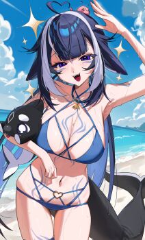 1girl absurdres arm_up armpits beach black_hair blue_eyes blue_sky breasts cetacean_tail cloud collarbone cowboy_shot d4kou16 facial_mark fins fish_tail halterneck highres indie_virtual_youtuber large_breasts long_hair ocean open_mouth shore shylily shylily_(bikini) sky solo tail teeth upper_teeth_only virtual_youtuber white_streaks