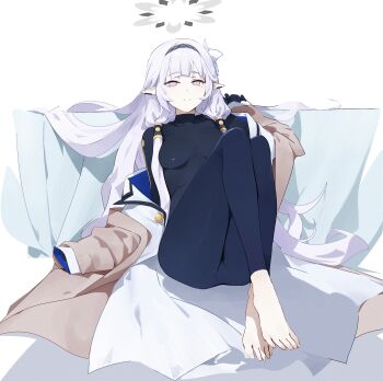 1girl absurdres barefoot black_bodysuit blue_archive bodysuit breasts closed_mouth crossed_legs dokshuri flower hair_flower hair_ornament hairband halo highres himari_(blue_archive) long_hair long_sleeves looking_at_viewer medium_breasts mole mole_under_eye open_clothes pointy_ears purple_eyes sidelocks simple_background sitting solo very_long_hair white_flower white_hair