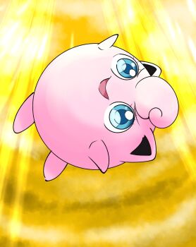 aqua_eyes awawanxzebra floating_hair full_body gen_1_pokemon happy highres jigglypuff lying nintendo no_humans on_stomach open_mouth pokemon pokemon_(creature) simple_background sky solo triangle_mouth what