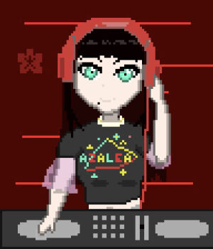 1girl 8-bit adjusting_headphones aqua_eyes artist_name artist_request azalea_(love_live!) black_hair black_shirt blunt_bangs breasts clothes_writing dj female_focus green_eyes headphones headset kurosawa_dia long_hair looking_at_viewer love_live! love_live!_sunshine!! mole mole_under_mouth puffy_short_sleeves puffy_sleeves red_background shirt short_sleeves small_breasts solo upper_body