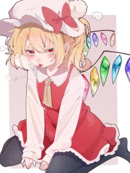 Rule 34 | 1girl, :p, ascot, black pantyhose, blonde hair, blush, collared shirt, commentary, crystal, crystal wings, flandre scarlet, frilled shirt collar, frilled skirt, frills, hat, highres, long sleeves, mob cap, multicolored wings, nanashi 1104, one side up, pantyhose, pointy ears, red eyes, red skirt, red vest, shirt, sitting, skirt, skirt set, solo, tongue, tongue out, touhou, vest, wariza, white hat, white shirt, wings, yellow ascot