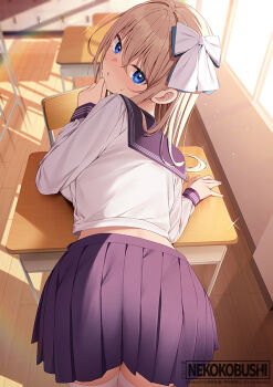 1girl ass blue_eyes blue_sailor_collar blue_skirt blush bow breasts brown_hair chair classroom commentary_request desk hair_bow indoors long_hair long_sleeves looking_at_viewer medium_breasts nekokobushi original ribbonko-chan sailor_collar school_chair school_desk school_uniform shirt sidelocks skirt solo sunlight thighhighs white_bow white_shirt white_thighhighs window wooden_floor zettai_ryouiki