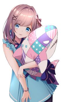 1girl blue_dress blue_eyes bow bracelet commentary_request dress hair_bow hair_ornament hairclip highres holding holding_stuffed_toy iwao_(pixiv258710) jewelry leaning_forward looking_at_viewer nijisanji pink_hair simple_background solo stuffed_animal stuffed_toy suzuhara_lulu white_background x_hair_ornament