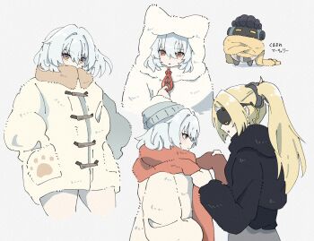 2girls bangboo_(zenless_zone_zero) blindfold blonde_hair blunt_bangs commentary_request grey_background hair_between_eyes highres multiple_girls multiple_views netsu_0716 parted_lips ponytail scarf sidelocks simple_background smile soldier_11_(zenless_zone_zero) trigger_(zenless_zone_zero) white_hair yuri zenless_zone_zero