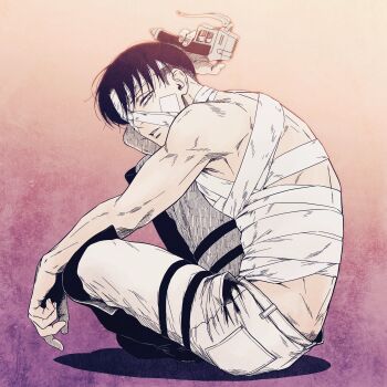 1boy bandaged_chest bandaged_head bandages commentary_request elbow_on_knee full_body gauze gauze_on_cheek highres holding ikichi8tkjn injury levi_(shingeki_no_kyojin) looking_back looking_to_the_side male_focus pants parted_lips shingeki_no_kyojin short_hair sitting solo toned toned_male topless_male white_pants