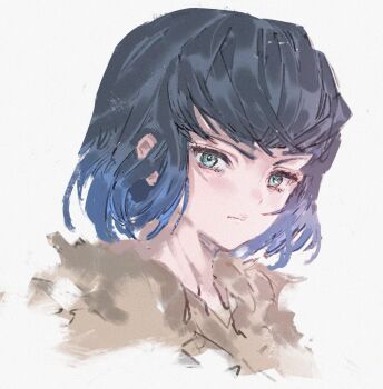 Rule 34 | 1boy, androgynous, black hair, blunt bangs, closed mouth, commentary, cropped torso, expressionless, eyelashes, green eyes, hashibira inosuke, highres, kimetsu no yaiba, looking at viewer, shiratsuyu mone, short hair, solo, untranslatable commentary, white background