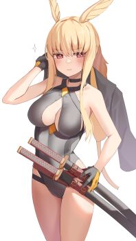 1girl absurdres bare_shoulders belt black_gloves black_jacket black_one-piece_swimsuit blonde_hair blush breasts choker cleavage cleavage_cutout clothing_cutout fate/grand_order fate_(series) gloves head_wings highres jacket unworn_jacket katana kopaka_(karda_nui) large_breasts long_hair looking_at_viewer one-piece_swimsuit red_eyes sidelocks solo swimsuit sword thighs thrud_(fate) thrud_(swimsuit_assassin)_(fate) valkyrie_(fate) weapon wings