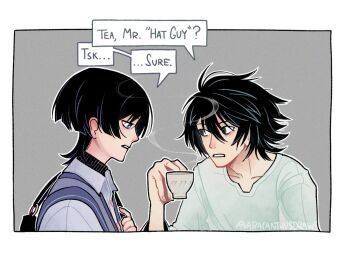 2boys alternate_costume aracanthus38633 artist_name black_eyes black_hair black_shirt black_sleeves blunt_ends border bright_pupils casual collared_shirt commentary contemporary covered_collarbone crossover cup death_note drinking_glass empty_eyes english_commentary eyeliner fingernails genshin_impact grey_background grey_eyes grey_vest hair_between_eyes hand_up holding holding_cup l_(death_note) layered_shirt light_blush long_fingers looking_at_another makeup multiple_boys open_collar parted_lips red_eyeliner ribbed_shirt scaramouche_(genshin_impact) shirt swept_bangs teacup three-quarter_sleeves tsurime turtleneck turtleneck_shirt twitter_username two-sided_sleeves undershirt vest wanderer_(genshin_impact) white_border white_mouth white_pupils white_shirt white_sleeves