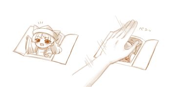 Rule 34 | > <, 1girl, 1other, detached sleeves, hat, highres, long hair, matara okina, mini person, minigirl, mochigumo, monochrome, open mouth, smile, tabard, touhou, translation request
