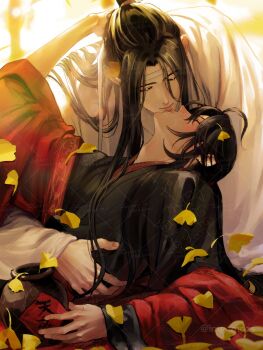 2boys actcat3 ahoge alcohol bishounen black_hair black_hanfu blurry blurry_background blush chinese_clothes closed_eyes closed_mouth coat couple falling_leaves ginkgo_leaf hair_down hair_ribbon half_updo hand_on_another&#039;s_head hand_on_another&#039;s_waist hanfu headband highres holding_jug hug hug_from_behind jug_(bottle) kiss lan_wangji leaf long_hair long_sleeves lying male_focus modao_zushi multiple_boys off_shoulder official_alternate_costume official_alternate_hairstyle on_back open_clothes open_coat red_coat red_ribbon red_sash ribbon robe sash sidelocks sitting smile sunlight topknot twitter_username upper_body watermark watermark_grid wei_wuxian wei_wuxian_(yiling_laozu) white_hanfu white_headband wide_sleeves yaoi