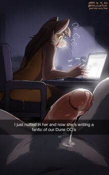 1girl absurdres black_hair blunt_bangs body_fur brown_hair commission computer cum dated english_text from_side furry furry_female furry_male furry_with_furry glasses grey_fur he_literally_just_nutted_in_me_(meme) highres indoors laptop long_hair meme minuscule_task navel original penis red_panda_ears red_panda_girl red_panda_tail round_eyewear smile