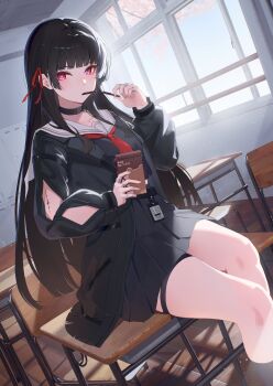 1girl absurdres arm_cutout black_choker black_hair black_jacket black_serafuku black_shirt black_skirt chamaru5963 chisa_(wuthering_waves) choker classroom clothing_cutout collarbone commentary day desk dutch_angle food food_in_mouth hair_ribbon highres holding id_card indoors jacket long_hair long_sleeves looking_at_viewer mole mole_under_eye neckerchief on_desk pocky pocky_in_mouth red_eyes red_neckerchief red_ribbon ribbon sailor_collar school_desk school_uniform serafuku shirt sitting skirt solo tacet_mark_(wuthering_waves) white_sailor_collar window wuthering_waves