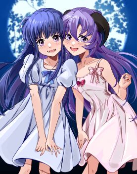 2girls absurdres blue_bow blue_dress blue_hair blush bow dress furude_rika hanyuu highres higurashi_no_naku_koro_ni horns leaf long_hair looking_at_viewer moon multiple_girls night open_mouth pink_dress purple_eyes purple_hair red_bow smile uneasywolf