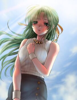 1girl blue_sky breasts buttons crying crying_with_eyes_open day dot_nose eyelashes from_below green_eyes green_hair hair_intakes hair_ribbon half_updo hand_on_own_chest hanjuku_otome higurashi_no_naku_koro_ni large_breasts light_rays long_hair looking_ahead open_mouth outdoors parted_lips pencil_skirt ribbon sidelocks single_tear skirt sky sleeveless sleeveless_sweater solo sonozaki_shion sunlight sweater tears wrist_cuffs yellow_ribbon