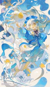 1girl :d absurdres asymmetrical_legwear black_bow black_bowtie blue_capelet blue_hat blue_ribbon blue_shoes bow bowtie capelet day double-parted_bangs dress egg_(food) food full_body hair_between_eyes hand_up hat highres jellyfish long_hair long_sleeves neck_ribbon open_mouth original outdoors ribbon shoes single_sock single_thighhigh smile socks solo thighhighs uneven_legwear watermark white_dress white_hair white_socks white_thighhighs yellow_eyes yi_kuai_cha_suyou