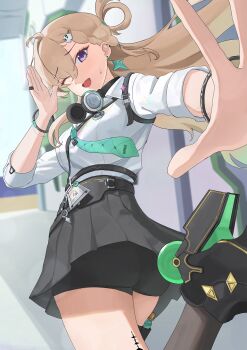 1girl absurdres ass black_shorts black_skirt black_socks blonde_hair breasts commentary earrings hair_ornament hand_up headphones headphones_around_neck highres id_card indoors jewelry long_hair looking_at_viewer looking_back lynae_(wuthering_waves) medium_breasts one_eye_closed open_mouth purple_eyes shirt shirt_tucked_in shorts shorts_under_skirt skirt skull_hair_ornament smile socks solo star_(symbol) star_earrings tacet_mark_(wuthering_waves) thighs twisted_torso white_shirt wuthering_waves yonyanyon