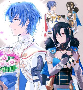 1boy 1girl black_hair blue_eyes blue_hair breasts cleavage closed_mouth fire_emblem fire_emblem_engage highres jupiter_(042073) large_breasts light_persona looking_to_the_side male_alear_(fire_emblem) medium_breasts multiple_views nel_(fire_emblem) nintendo official_alternate_hair_color red_eyes