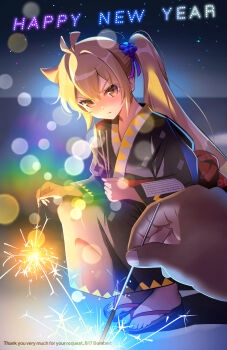 Rule 34 | akita neru, antenna hair, beach, black kimono, blackminolith (2ne), blonde hair, commentary, commission, english commentary, english text, fireworks, happy new year, highres, holding, holding fireworks, japanese clothes, kimono, long hair, new year, pixiv commission, pov, pov hands, sandals, side ponytail, sparkler, squatting, star (sky), vocaloid, yellow eyes