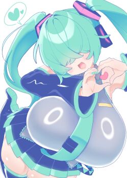 1girl aqua_hair black_boots black_skirt black_sleeves blush boots breasts covered_eyes detached_sleeves gigantic_breasts green_hair green_nails green_necktie grey_shirt hair_ornament hair_over_eyes hatsune_miku headphones heart heart_hands huge_breasts leg_up long_hair mekakure_miku_(homma_nuruneko) miniskirt necktie open_mouth shirt skirt sleeveless sleeveless_shirt smile solo spoken_heart standing tegurika_kureme thick_thighs thigh_boots thigh_gap thighs twintails vocaloid white_background