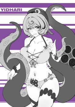 1girl absurdres alternate_costume bare_shoulders bikini breasts character_name chinese_commentary cleavage collarbone commentary_request cross-laced_bikini cross-laced_clothes fingernails greyscale_with_colored_background grin hair_between_eyes halterneck hat highres jewelry large_breasts looking_at_viewer micro_shorts mole mole_under_eye multicolored_hair navel shadow_lxy shorts smile solo stomach streaked_hair swimsuit tentacle_girl tentacles thighlet thighs yidhari_murphy zenless_zone_zero