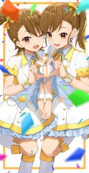 2girls absurdres boots bow brown_eyes brown_hair confetti fingernails futami_ami futami_mami hair_bow heart heart_hands heart_hands_duo highres holding_hands idolmaster idolmaster_(classic) idolmaster_shiny_festa jacket lapels leg_up looking_at_viewer multiple_girls official_alternate_costume one_eye_closed open_mouth short_hair short_sleeves siblings side-by-side side_ponytail sisters skirt smile standing standing_on_one_leg symphony_no._765_(idolmaster) twins white_boots white_jacket white_skirt wrist_cuffs yaki_tai yellow_bow