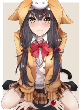 1girl absurdres animal_hood asakura_karen_(heaven_burns_red) black_hair bow bowtie commentary_request controller game_controller hair_ornament heaven_burns_red highres hood long_hair low_twintails natsuki_(muravito) school_uniform sitting skirt socks tail tears twintails wariza