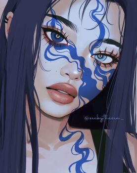 1girl abstract aegyo_sal asian blue_eyes blue_hair close-up corrupted_twitter_file ear_piercing eyelashes facial_mark forehead freckles head_tilt heterochromia highres lips looking_at_viewer nose original parted_bangs parted_lips piercing portrait straight_hair tank_top thick_eyebrows thick_lips twitter_username umi_(zeebythesea) zeebythesea