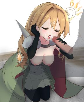 1boy 1girl absurdres adjusting_hair black_gloves black_pantyhose blonde_hair breasts breasts_out cape censored cloak closed_eyes clothed_sex clothes_pull cum cum_on_body cum_on_hair dress_pull ejaculation elbow_gloves erection facial fellatio fur-trimmed_cloak fur_trim gloves green_cape green_cloak hair_behind_ear hair_between_eyes hair_intakes hair_ornament hands_up hetero highres kagarimi kneeling light_blush long_hair medium_breasts mosaic_censoring nipples open_mouth oral pantyhose penis penis_grab ritual_beast_tamer_lara solo_focus yu-gi-oh!