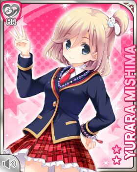 1girl blonde_hair blue_eyes bracelet card_(medium) character_name ghost_hair_ornament girlfriend_(kari) hair_between_eyes hand_on_own_hip jacket jewelry looking_at_viewer middle_w miniskirt mishima_yurara necklace necktie official_art pink_background plaid_clothes plaid_skirt pleated_skirt qp:flapper red_necktie red_skirt school_uniform shirt short_hair skirt smile solo standing thighs w white_shirt