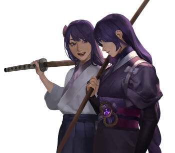 Rule 34 | 2girls, armor, belt, blue skirt, bow, braid, closed mouth, commentary, cowboy shot, fan hair ornament, fingernails, gem, genshin impact, hair ornament, hakama, hakama skirt, hand fan, hand up, holding, holding sword, holding weapon, japanese armor, japanese clothes, katana, kimono, kote, kurokote, lips, long hair, long sleeves, looking at another, low-braided long hair, low-tied long hair, makoto (genshin impact), mitsudomoe (shape), multiple girls, open mouth, over shoulder, pink sash, purple belt, purple eyes, purple gemstone, purple hair, purple kimono, raiden shogun, sash, short sleeves, siblings, simple background, single braid, sisters, skirt, smile, standing, suqling, sword, symbol-only commentary, teeth, tomoe (symbol), twins, vision (genshin impact), weapon, weapon over shoulder, white background, white bow, white kimono, wide sleeves