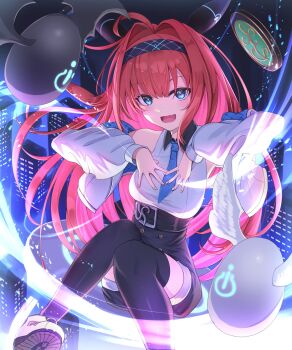 1girl ahoge bare_shoulders black_hairband black_shorts black_thighhighs blue_eyes blue_necktie building collared_shirt hair_intakes hairband high-waist_shorts highres jacket lishenna_(shadowverse) long_hair long_sleeves looking_at_viewer necktie open_mouth pink_hair seafer06 shadowverse shadowverse:_worlds_beyond shirt shorts skyscraper sleeveless sleeveless_shirt solo thighhighs white_jacket white_shirt