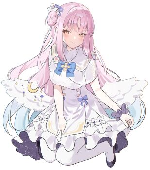 Rule 34 | 1girl, angel wings, black shoes, blue archive, blue bow, blue bowtie, blush, bow, bowtie, closed mouth, dodosaae, dress, full body, hair bun, highres, long hair, looking at viewer, low wings, mika (blue archive), pantyhose, pink hair, scrunchie, shoes, short sleeves, simple background, single hair bun, smile, solo, white background, white dress, white pantyhose, white wings, wings, wrist scrunchie, yellow eyes