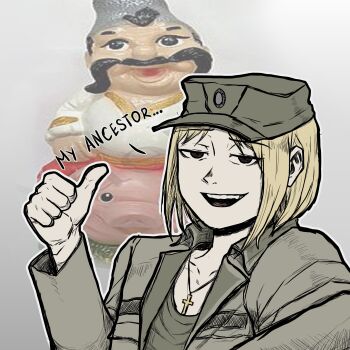 Rule 34 | 1girl, blonde hair, blurry, blurry background, brown eyes, collarbone, cossack, cross, cross necklace, english text, green shirt, hat, highres, jacket, jewelry, limestone (artist), looking at viewer, marichka, mazepynka, military hat, military uniform, necklace, open clothes, open jacket, open mouth, original, pointing, pointing backward, russo-ukrainian war, shirt, short hair, smug, soldier, solo, teeth, ukraine, upper teeth only