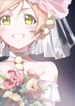 Rule 34 | 1girl, absurdres, bare shoulders, bouquet, choker, earrings, flower, green eyes, grin, highres, holding, holding bouquet, hoshizora rin, inazuma (elect line), jewelry, love live!, love live! school idol project, love wing bell, official alternate costume, orange hair, red flower, short hair, smile, solo, white choker, yellow flower