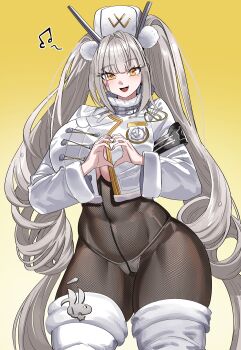 1girl absurdres armband black_armband black_nails blanc_(fortune_express)_(nikke) blanc_(nikke) blunt_bangs blush boots breasts cleavage covered_navel cowboy_shot cropped_jacket crotch_seam curvy drill_hair eyelashes fang fishnet_pantyhose fishnets fur-trimmed_collar fur-trimmed_jacket fur_trim gamjasssak goddess_of_victory:_nikke gradient_background grey_hair hair_intakes hair_ornament hat heart heart_hands high-waist_pantyhose highres huge_breasts jacket long_hair long_sleeves looking_at_viewer multicolored_nails musical_note nail_polish official_alternate_costume official_alternate_hairstyle open_mouth orange_eyes panties panties_under_pantyhose pantyhose pom_pom_(clothes) pom_pom_hair_ornament simple_background skin_fang smile solo standing thick_thighs thigh_boots thighs twin_drills twintails underboob underwear very_long_hair white_boots white_hat white_jacket white_nails white_panties winter_clothes yellow_background