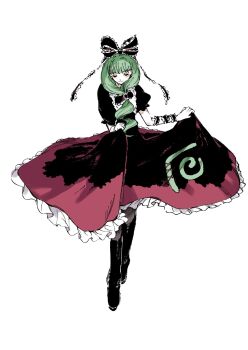 Rule 34 | 1girl, asuzemu, black pantyhose, boots, bow, closed eyes, clothes lift, dress, dress lift, frilled dress, frills, full body, green hair, highres, kagiyama hina, pantyhose, red bow, red dress, red ribbon, ribbon, smile, solo, touhou, white background, wrist ribbon