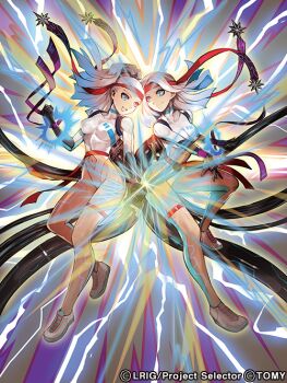 2girls bandana blue_eyes breasts cleaner_(wixoss) cleavage closed_mouth clothing_cutout copyright_notice diamond_cutout gloves grey_hair heterochromia leotard long_hair looking_at_another looking_at_viewer medium_breasts moreshan multiple_girls navel navel_cutout official_art red_bandana red_eyes red_gloves shirt shoes thigh_strap white_leotard white_shirt white_shoes wixoss