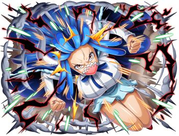 1girl angry attack bare_legs between_breasts blue_cape blue_hair blue_skirt bodskih breasts cape clenched_hands curvy floating_hair full_body haki_(one_piece) headbutt horns injury jumping large_breasts looking_at_viewer mask miniskirt mouth_mask non-web_source official_art one_piece one_piece_treasure_cruise serious shiny_skin skirt solo transparent_background ulti_(one_piece) wide_hips