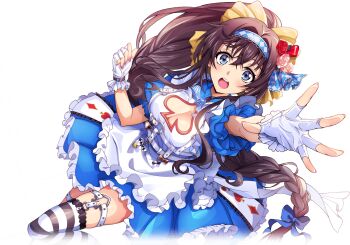 1girl black_hair blue_eyes blue_ribbon braid cleavage_cutout clothing_cutout code_geass code_geass:_lost_stories f4samurai gloves highres long_hair maya_disel official_art open_mouth ponytail ribbon solo teeth thighhighs white_gloves