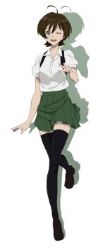 Rule 34 | 1girl, breasts, brown hair, devilman, devilman crybaby, makimura miki, non-web source, school uniform, short hair, skirt, smile, solo, standing, standing on one leg, teeth, thighhighs, v
