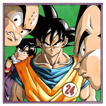 4boys angry bald bald_male black_eyes black_hair dragon_ball highres kakeru_(dbskakeru) kuririn looking_at_viewer multiple_boys muscular muscular_male serious son_gohan son_goku toriyama_akira_(style) vegeta