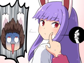 2girls ^^^ animal_ears bone broken_finger brown_hair closed_mouth commentary_request gradient_background inaba_tewi long_hair long_sleeves multiple_girls open_mouth pink_background prank purple_hair rabbit_ears red_eyes reisen_udongein_inaba shirosato shirt sweat touhou turn_pale white_background white_shirt