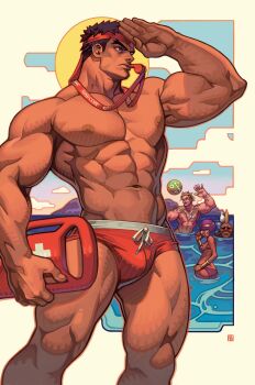 Rule 34 | 1girl, 3boys, absolum art, absurdres, armpits, ball, beach, beachball, bulge, headband, highres, lifeguard, male focus, multiple boys, muscular, muscular male, pectorals, ryu (street fighter), street fighter, swimsuit, whistle