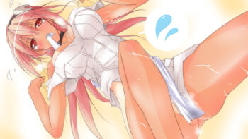 10s 1girl bandages breasts censored compa convenient_censoring female_focus gust hairband highres long_hair looking_down matching_hair/eyes mouth_hold neptune_(series) nippon_ichi no_pants orange_eyes orange_hair sega solo sweat sweater umesato_yukino