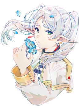 1girl absurdres blue_flower capelet earrings flower frieren green_eyes grey_hair hand_up highres holding holding_flower jewelry long_hair looking_at_viewer parted_lips pointy_ears shirt simple_background solo sousou_no_frieren striped_clothes striped_shirt tomato_ameeeee twintails upper_body white_background white_capelet