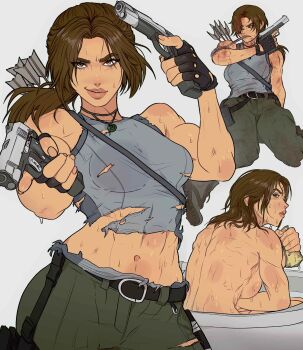 abs absurdres arrow_(projectile) bathtub biceps breasts brown_hair dual_wielding gun handgun highres holding jewelry lara_croft muscular muscular_female necklace ponytail quiver scar shirt sideboob smile smirk sweat tank_top tomb_raider tomb_raider:_the_legend_of_lara_croft toned toned_female torn_clothes torn_shirt very_sweaty weapon wet yoracrab