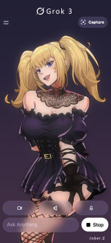 1girl :d absurdres ani_(xai) arm_behind_back artist_name asymmetrical_legwear bare_shoulders black_dress black_gloves black_thighhighs blonde_hair choker dress eyelashes fishnet_thighhighs fishnets gloves highres joker.z lace-trimmed_choker lace_trim looking_at_viewer open_mouth puffy_short_sleeves puffy_sleeves purple_eyes short_sleeves smile solo thighhighs twintails user_interface xai_(company)
