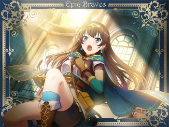 Rule 34 | 1girl, armor, black hair, black shorts, blue cape, blue eyes, boots, border, brown bag, brown boots, brown gloves, cape, dagger, earrings, game cg, gloves, hair between eyes, headpiece, holding, holding dagger, holding knife, holding weapon, jewelry, kagura hikari, knife, light rays, long hair, looking at viewer, official art, open mouth, ornate border, outside border, short sleeves, shorts, shoujo kageki revue starlight, shoujo kageki revue starlight -re live-, solo, thigh boots, upper body, v-shaped eyebrows, weapon