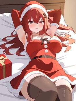 1girl armpits arms_behind_head bed bed_sheet belt black_belt black_bow black_eyes black_thighhighs blush bow breasts christmas christmas_present cowboy_shot daiya_fortuna dot_nose dress embarrassed gift hair_between_eyes hair_ornament hairclip hat head_on_pillow heterochromia highres indoors large_breasts light_frown long_hair looking_at_viewer lying on_back on_bed one_side_up parted_lips pillow pixellink red_dress red_eyes red_hair red_hat santa_costume santa_dress santa_hat sideboob solo strapless strapless_dress thighhighs virtual_youtuber yohan_yojohan