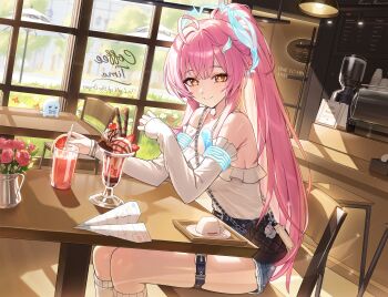 1girl absurdres aemeath_(wuthering_waves) ahoge alternate_costume bag bare_shoulders belt breasts brown_bag cafe closed_mouth commentary_request cup denim denim_shorts detached_sleeves drinking_glass esseppd food from_side hair_ornament highres ice_cream indoors juice korean_commentary long_hair long_sleeves looking_at_viewer looking_to_the_side medium_breasts orange_eyes paper_airplane pink_hair ponytail shirt shorts sitting smile solo star-shaped_pupils star_(symbol) stuffed_seal sundae symbol-shaped_pupils tacet_mark_(wuthering_waves) thigh_belt thigh_strap turning_head white_shirt wuthering_waves